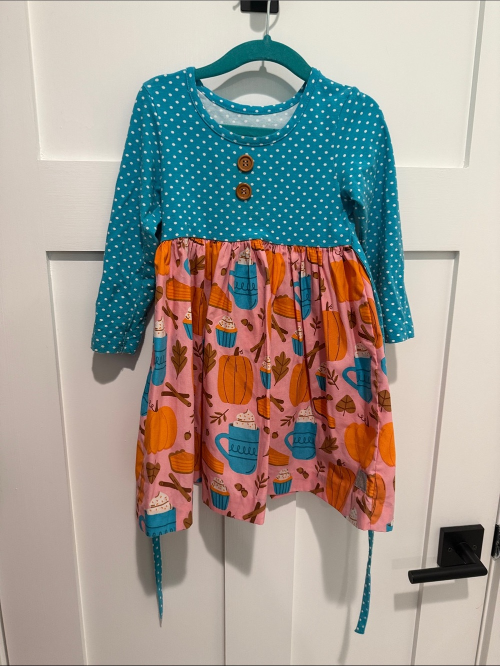 Eleanor Rose Teal Polka Dot Top with Pink Pumpkin & Blue Mug Print Dress